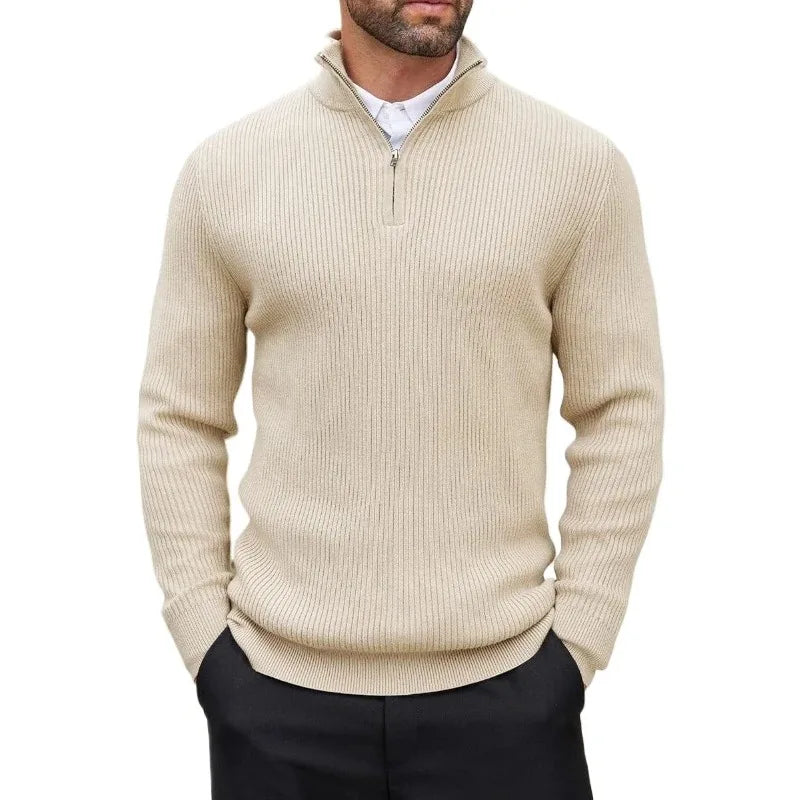 Stickad tröja med kort dragkedja – herr i beige