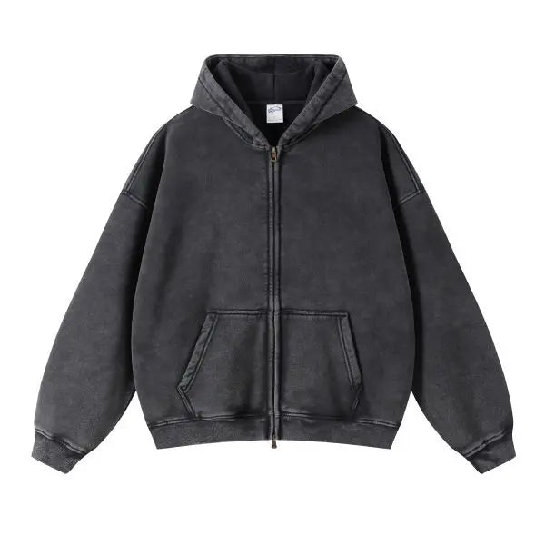Tvättad hoodie med dragkedja – unisex i tvättad svart