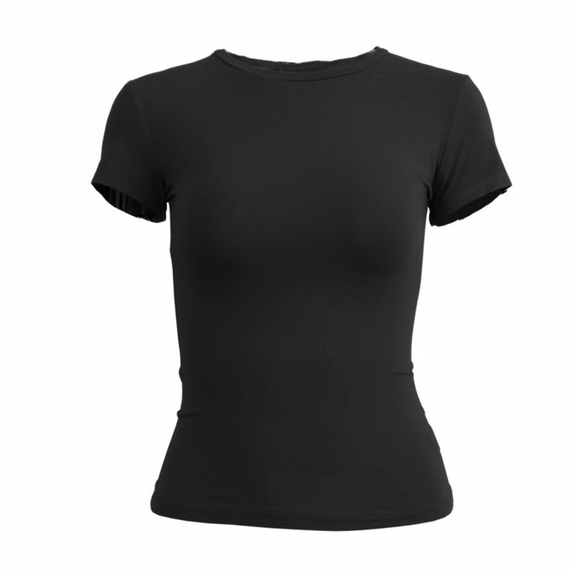 Tajt stickad t-shirt med rund hals – dam i svart