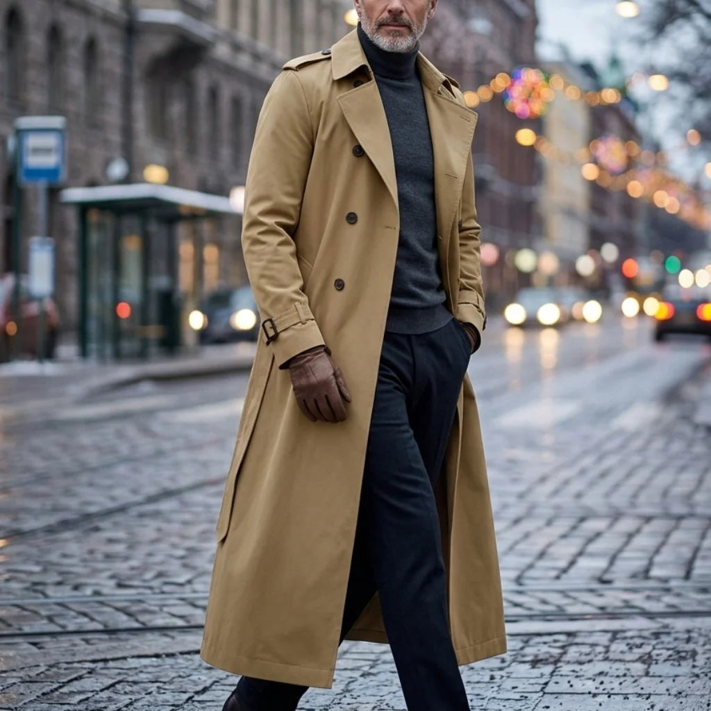 Lång trenchcoat med skärp – herr i beige