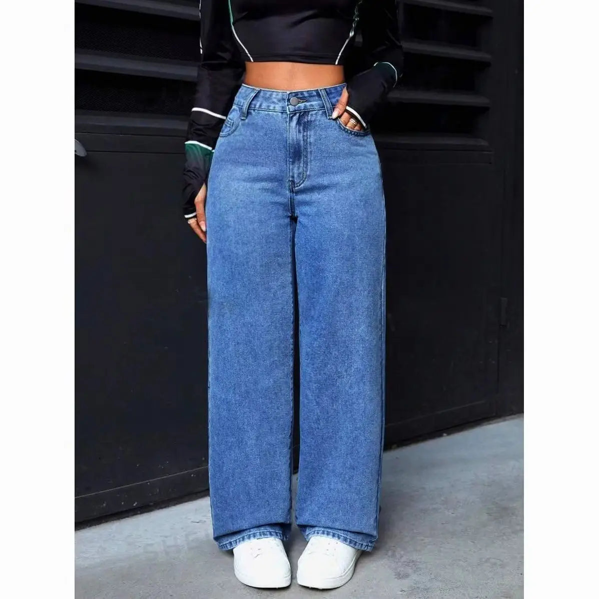 Långa vida jeans med hög midja – dam i mellanblå