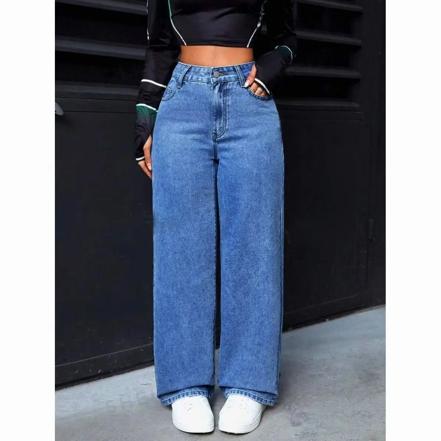 Långa vida jeans med hög midja – dam i mellanblå